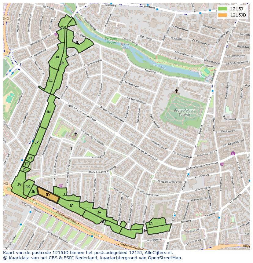 Afbeelding van het postcodegebied 1215 JD op de kaart.
