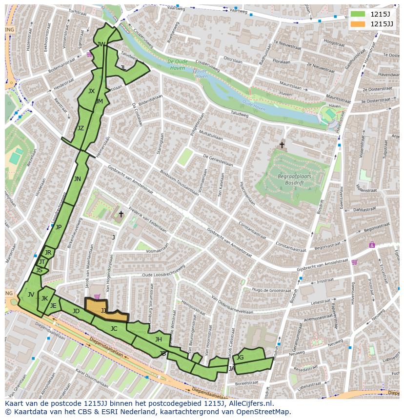 Afbeelding van het postcodegebied 1215 JJ op de kaart.
