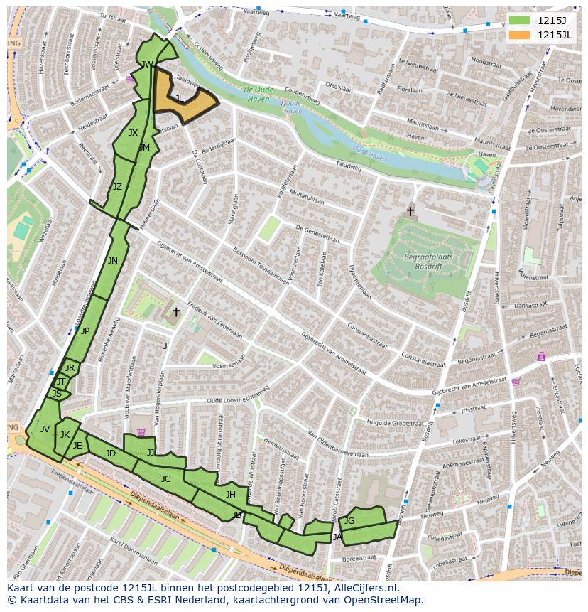 Afbeelding van het postcodegebied 1215 JL op de kaart.