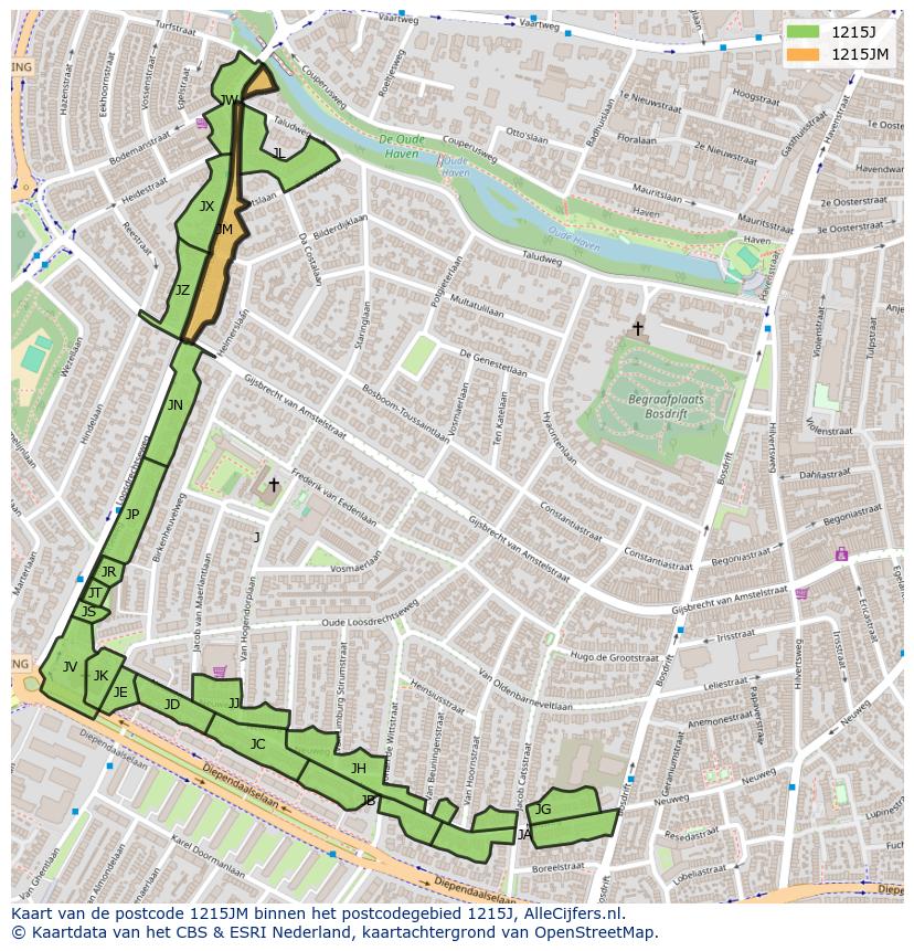 Afbeelding van het postcodegebied 1215 JM op de kaart.