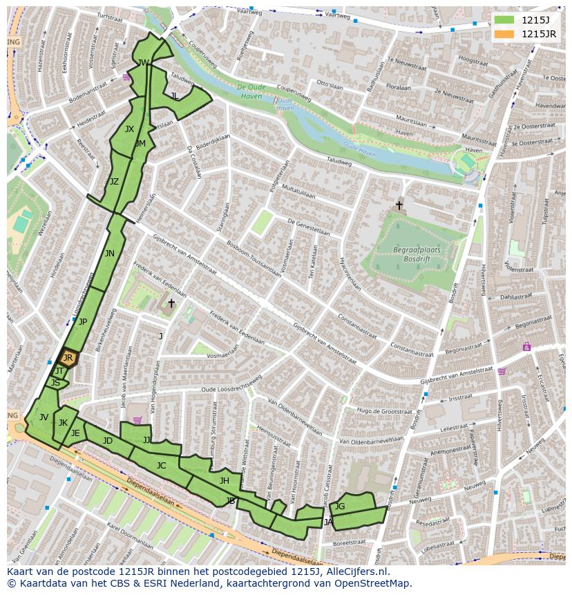 Afbeelding van het postcodegebied 1215 JR op de kaart.