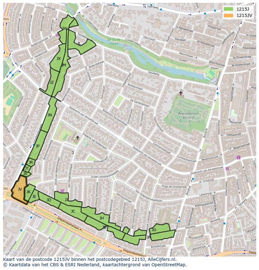 Afbeelding van het postcodegebied 1215 JV op de kaart.