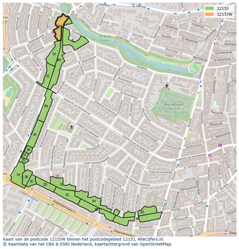 Afbeelding van het postcodegebied 1215 JW op de kaart.