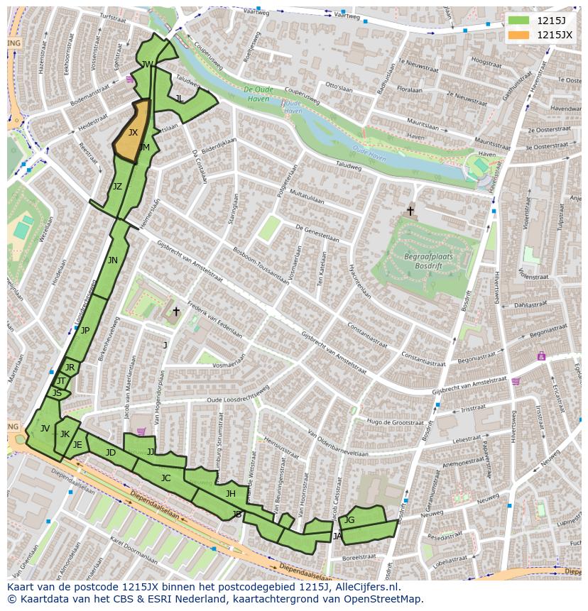 Afbeelding van het postcodegebied 1215 JX op de kaart.