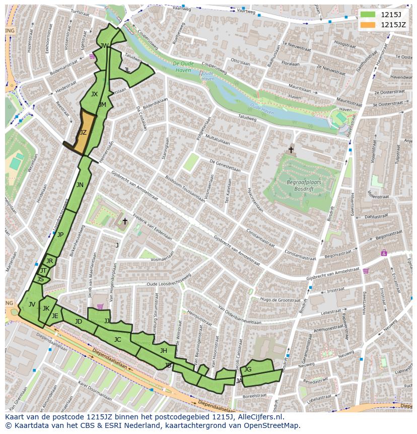 Afbeelding van het postcodegebied 1215 JZ op de kaart.