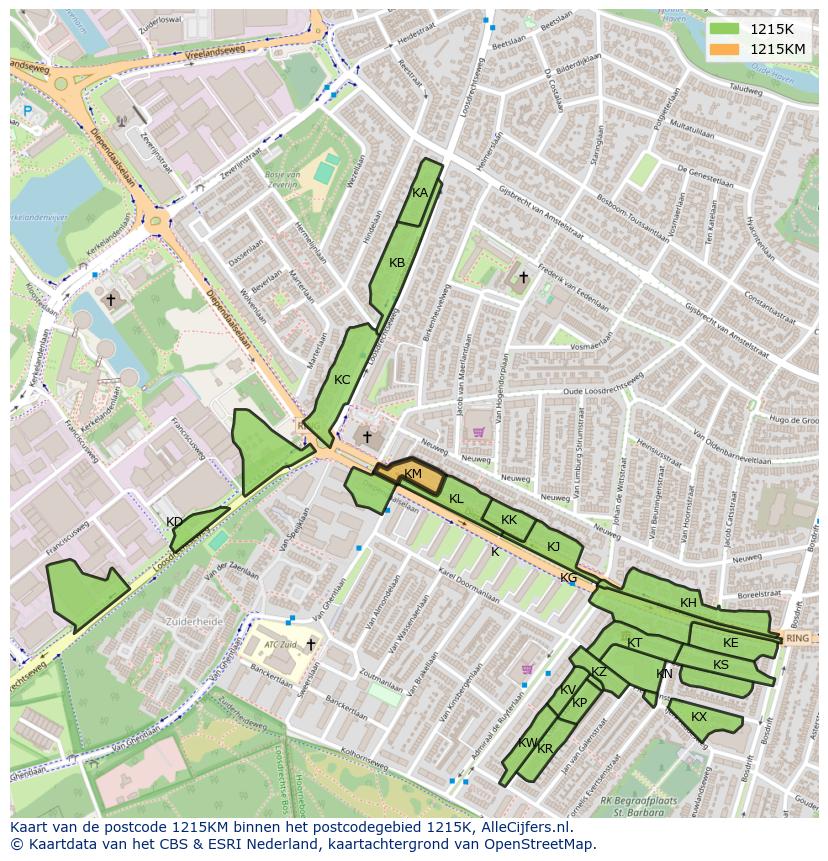 Afbeelding van het postcodegebied 1215 KM op de kaart.