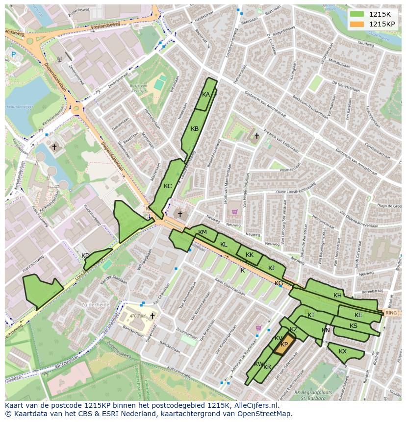 Afbeelding van het postcodegebied 1215 KP op de kaart.