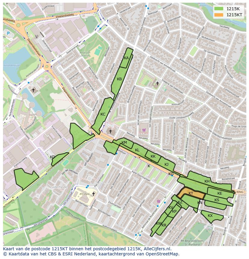 Afbeelding van het postcodegebied 1215 KT op de kaart.