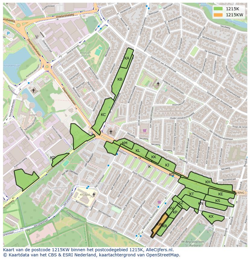 Afbeelding van het postcodegebied 1215 KW op de kaart.