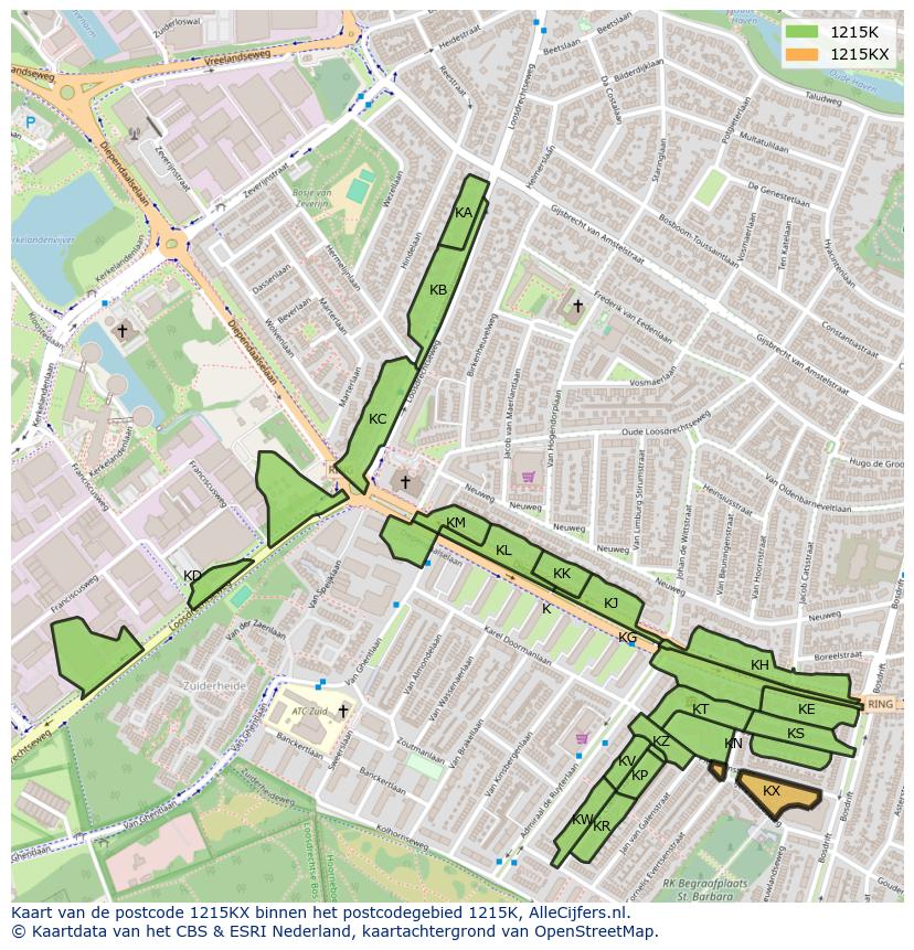 Afbeelding van het postcodegebied 1215 KX op de kaart.