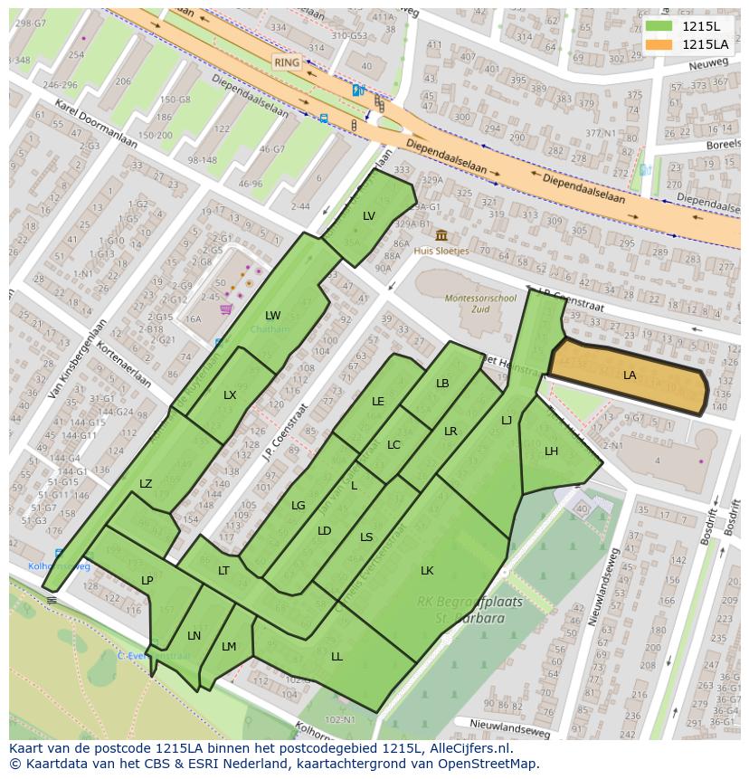 Afbeelding van het postcodegebied 1215 LA op de kaart.