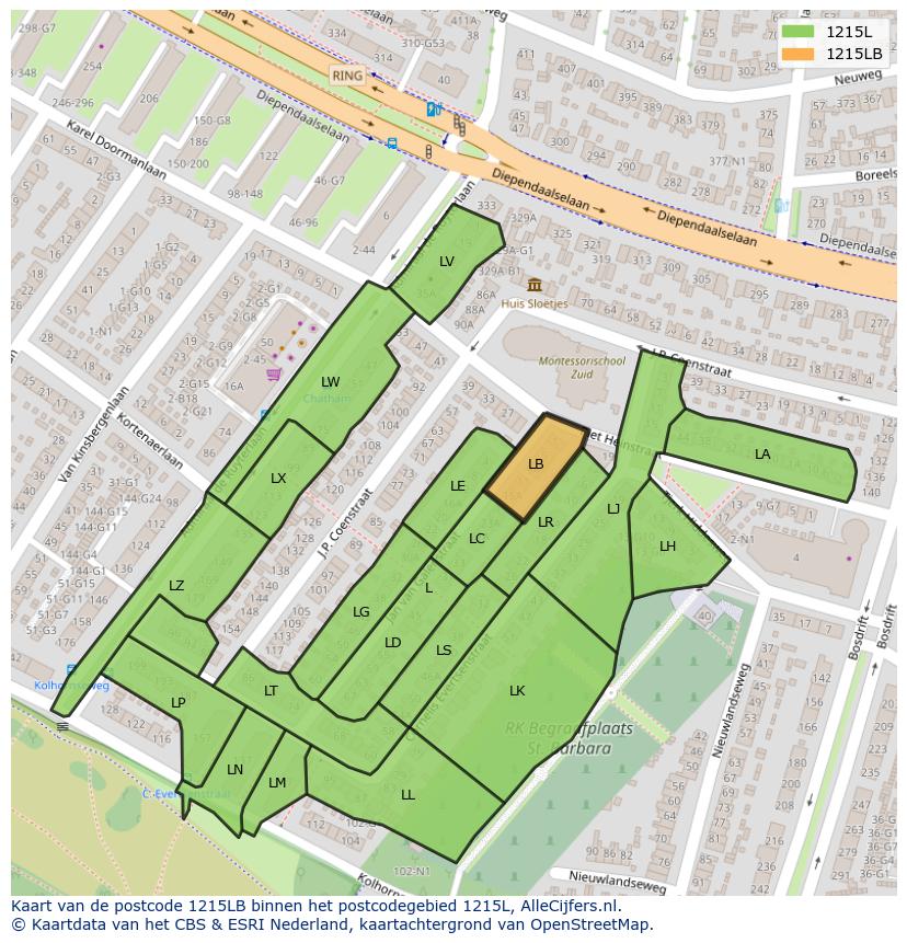 Afbeelding van het postcodegebied 1215 LB op de kaart.