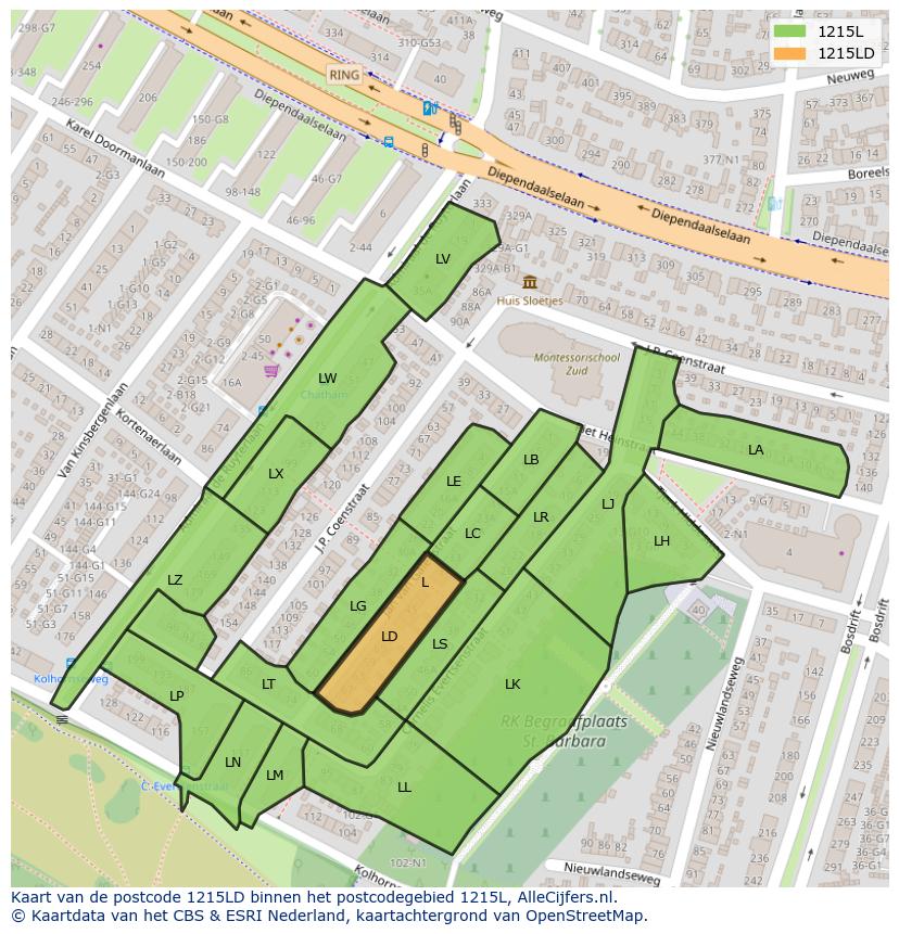 Afbeelding van het postcodegebied 1215 LD op de kaart.