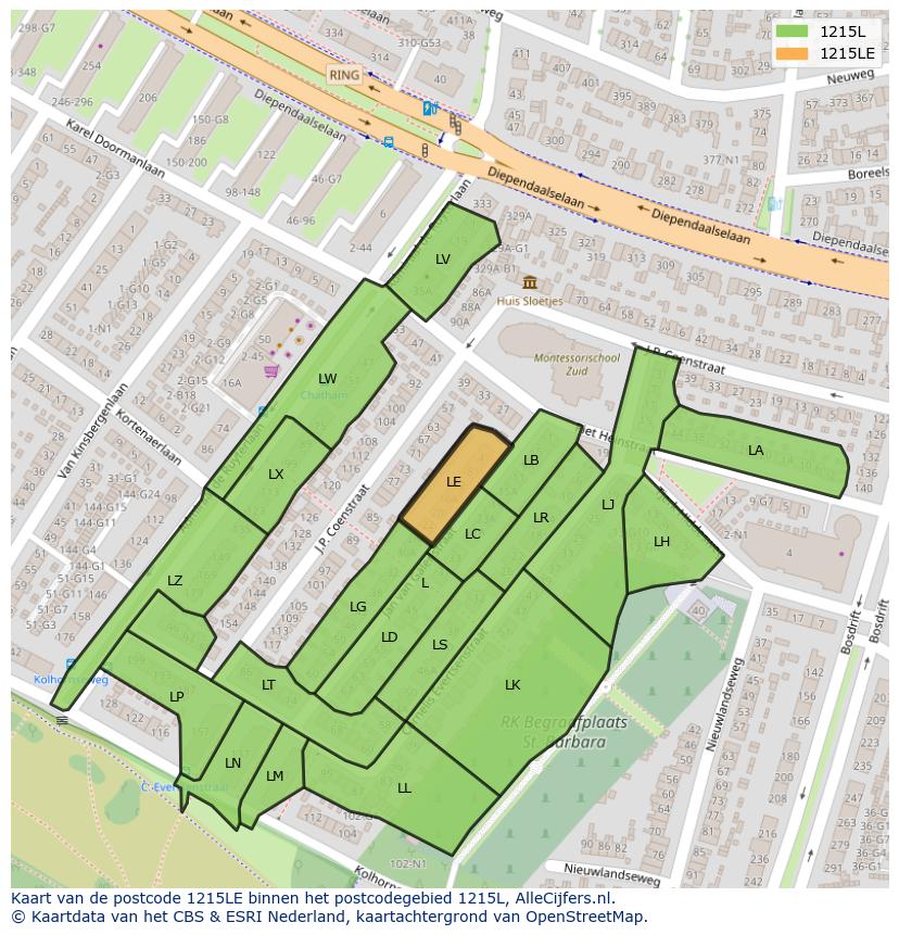 Afbeelding van het postcodegebied 1215 LE op de kaart.