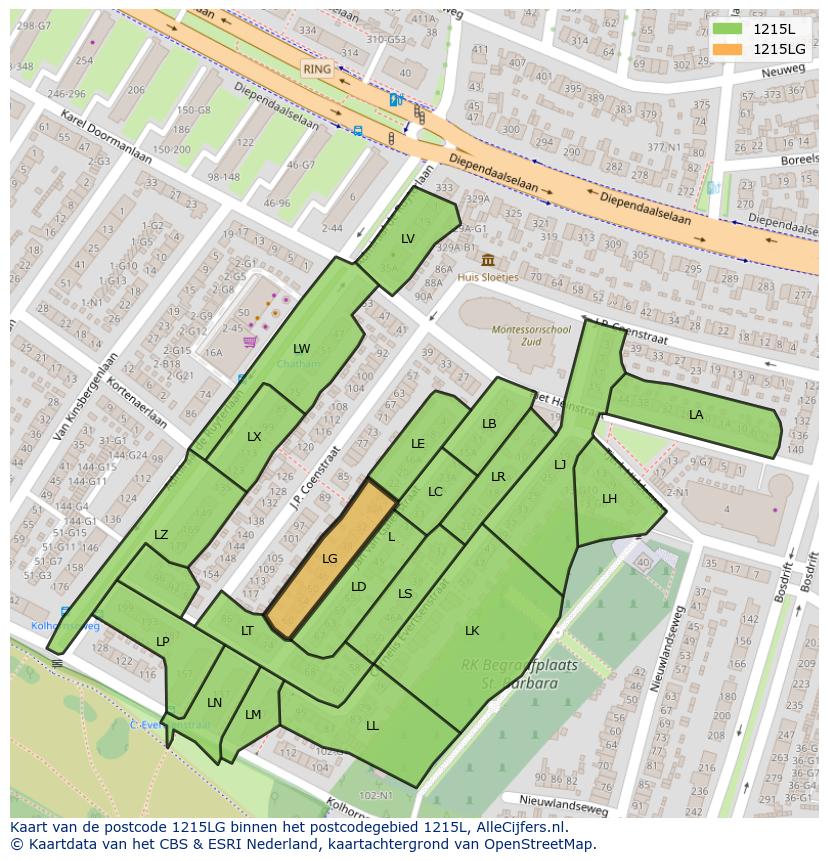 Afbeelding van het postcodegebied 1215 LG op de kaart.
