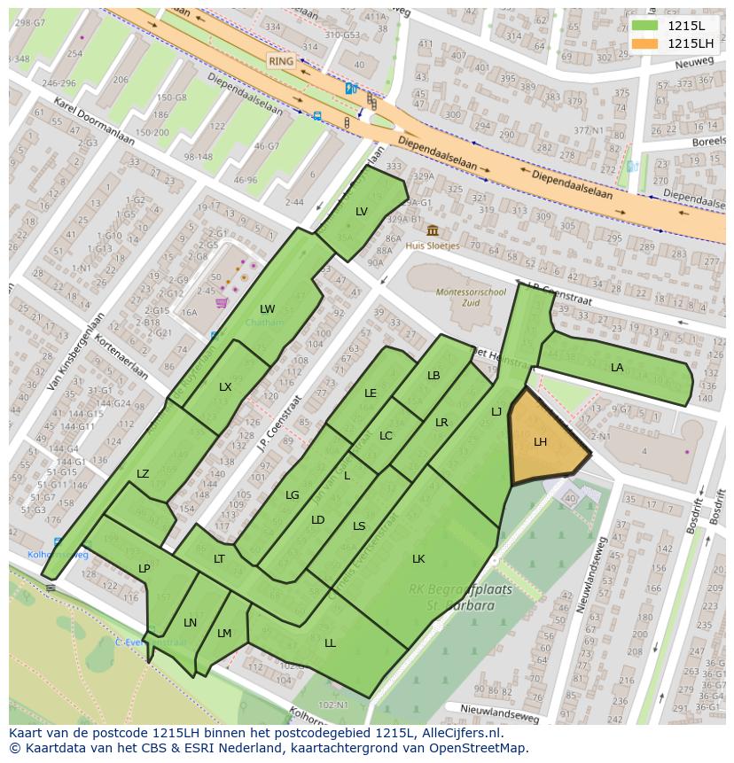 Afbeelding van het postcodegebied 1215 LH op de kaart.