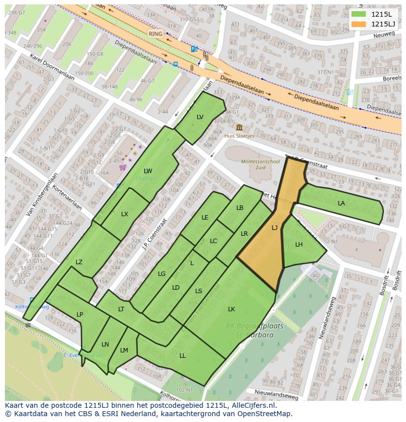 Afbeelding van het postcodegebied 1215 LJ op de kaart.