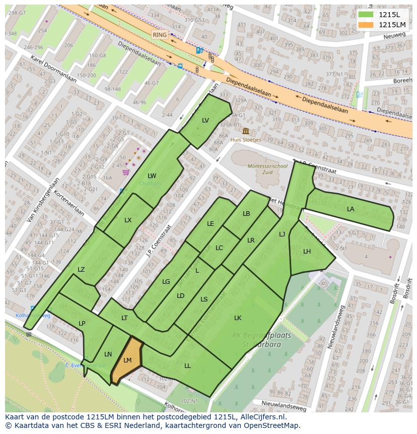 Afbeelding van het postcodegebied 1215 LM op de kaart.