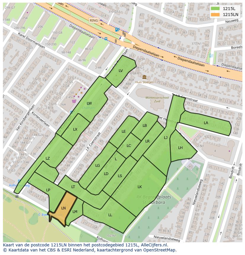 Afbeelding van het postcodegebied 1215 LN op de kaart.
