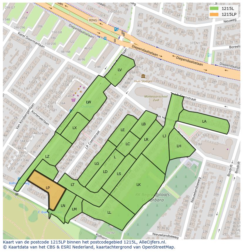 Afbeelding van het postcodegebied 1215 LP op de kaart.