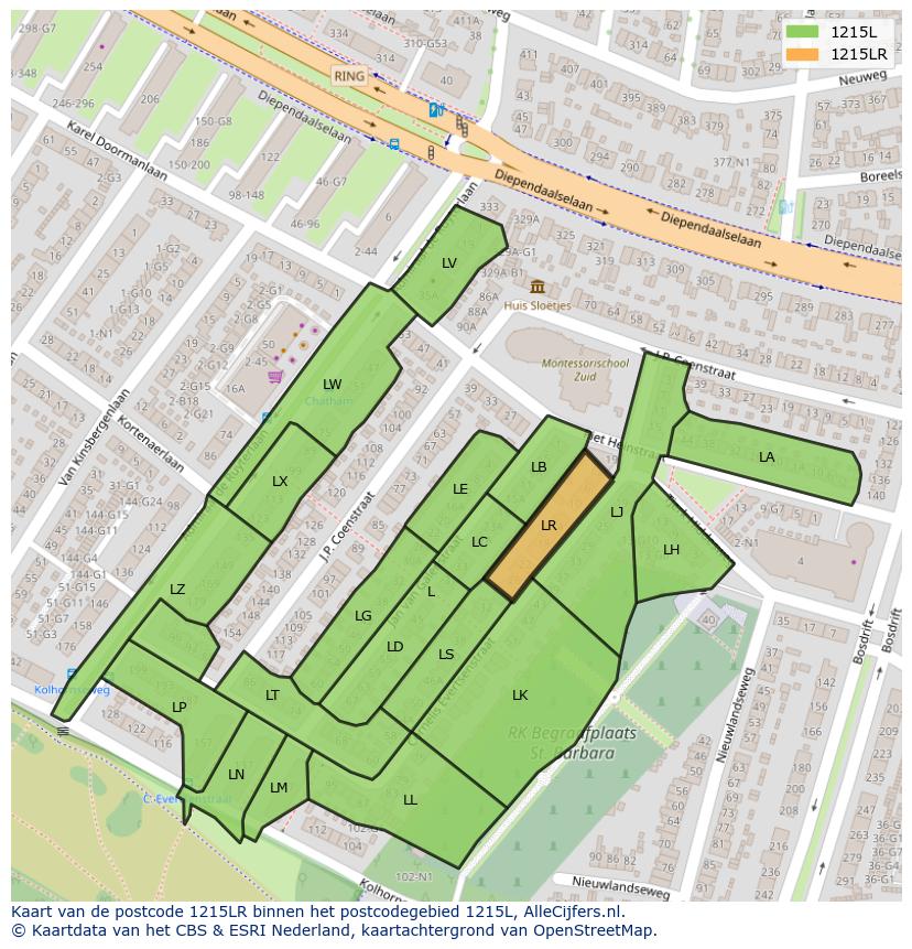 Afbeelding van het postcodegebied 1215 LR op de kaart.
