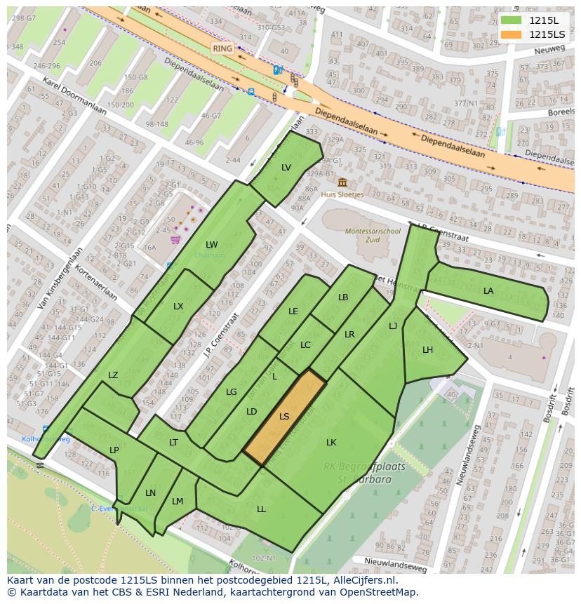 Afbeelding van het postcodegebied 1215 LS op de kaart.