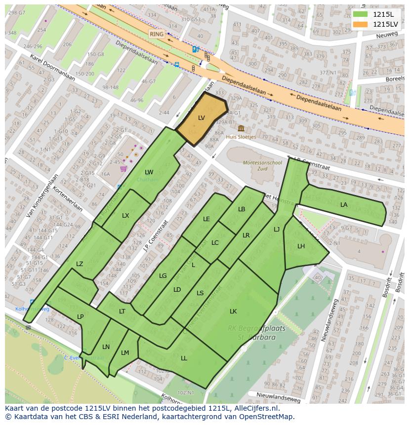 Afbeelding van het postcodegebied 1215 LV op de kaart.