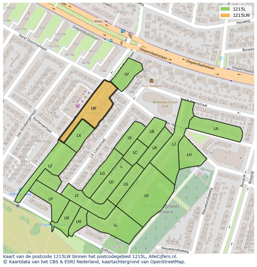 Afbeelding van het postcodegebied 1215 LW op de kaart.
