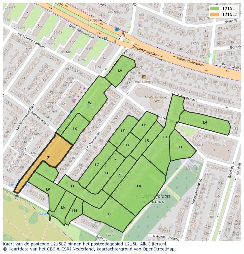 Afbeelding van het postcodegebied 1215 LZ op de kaart.