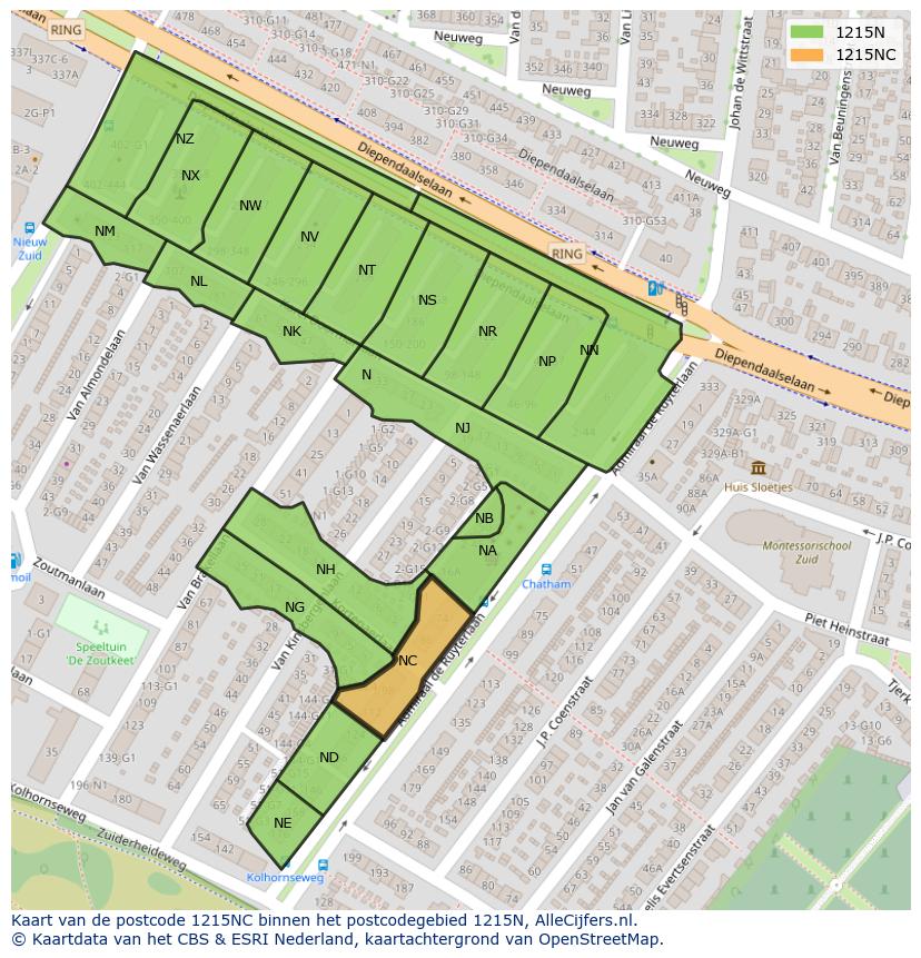 Afbeelding van het postcodegebied 1215 NC op de kaart.