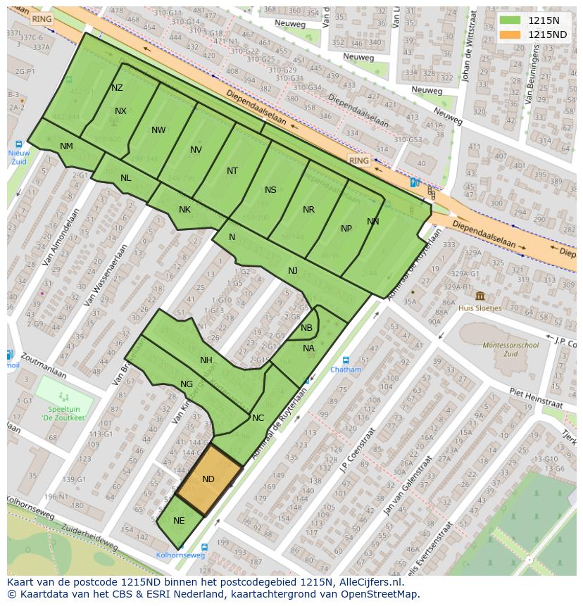 Afbeelding van het postcodegebied 1215 ND op de kaart.