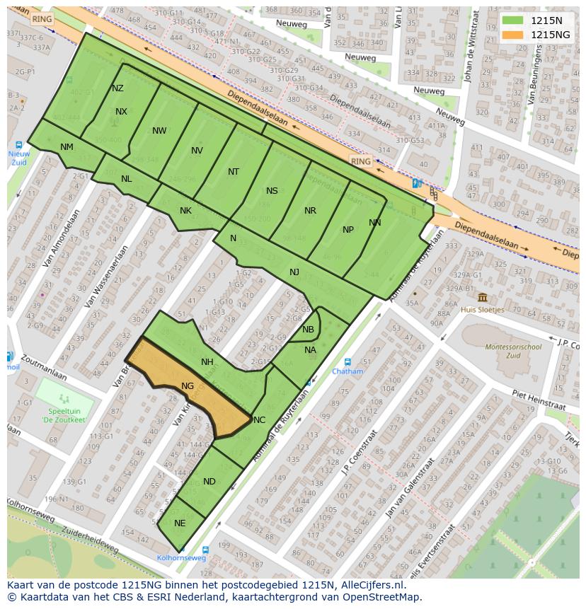 Afbeelding van het postcodegebied 1215 NG op de kaart.