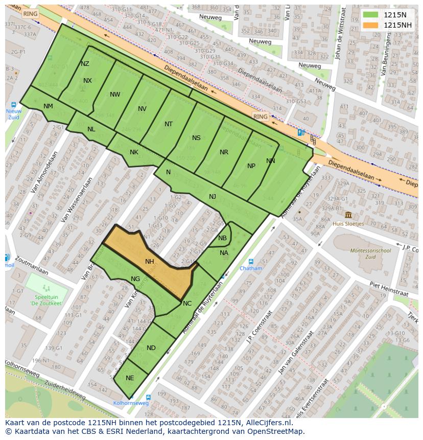 Afbeelding van het postcodegebied 1215 NH op de kaart.