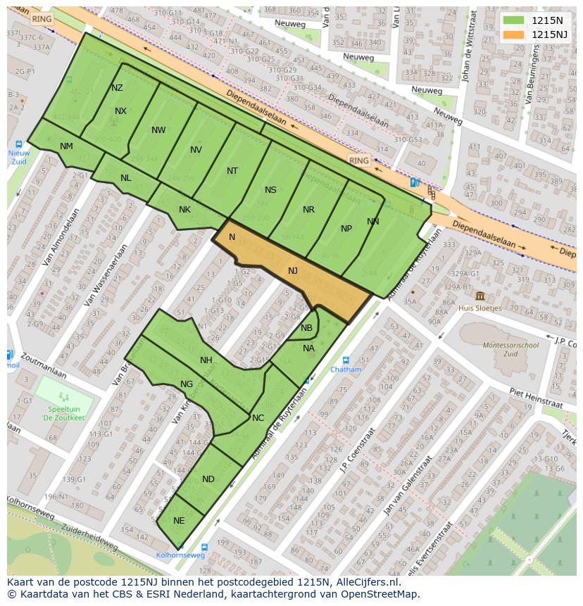 Afbeelding van het postcodegebied 1215 NJ op de kaart.