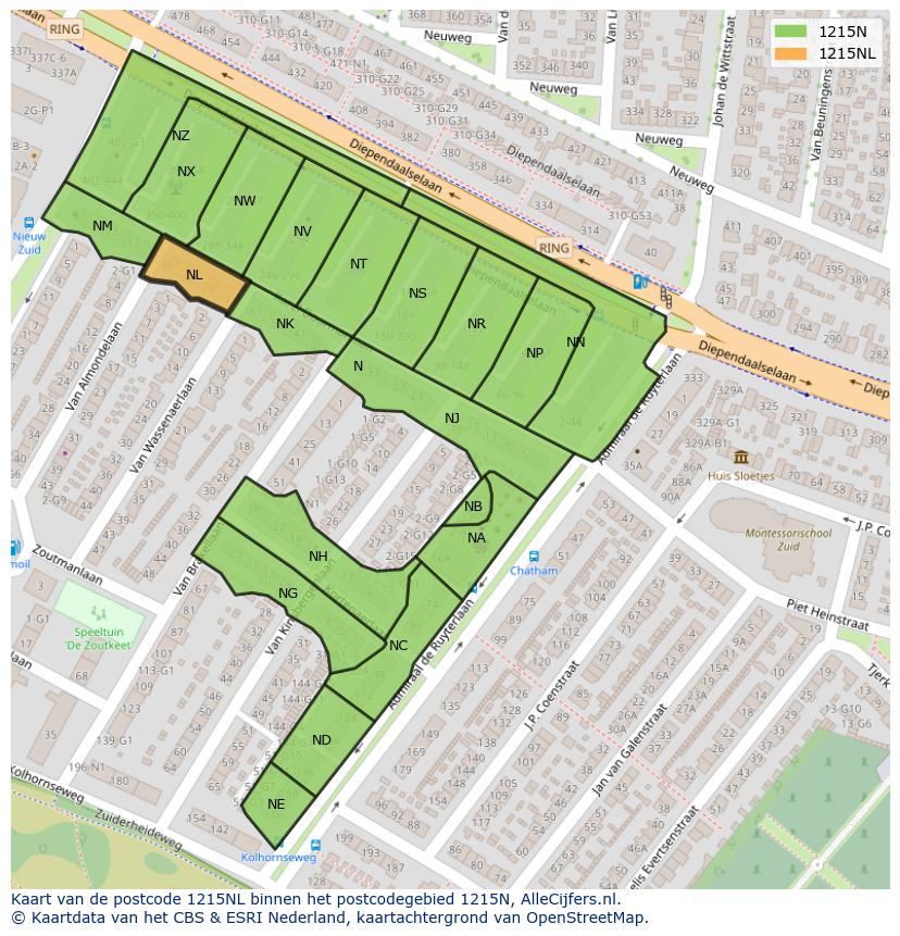 Afbeelding van het postcodegebied 1215 NL op de kaart.