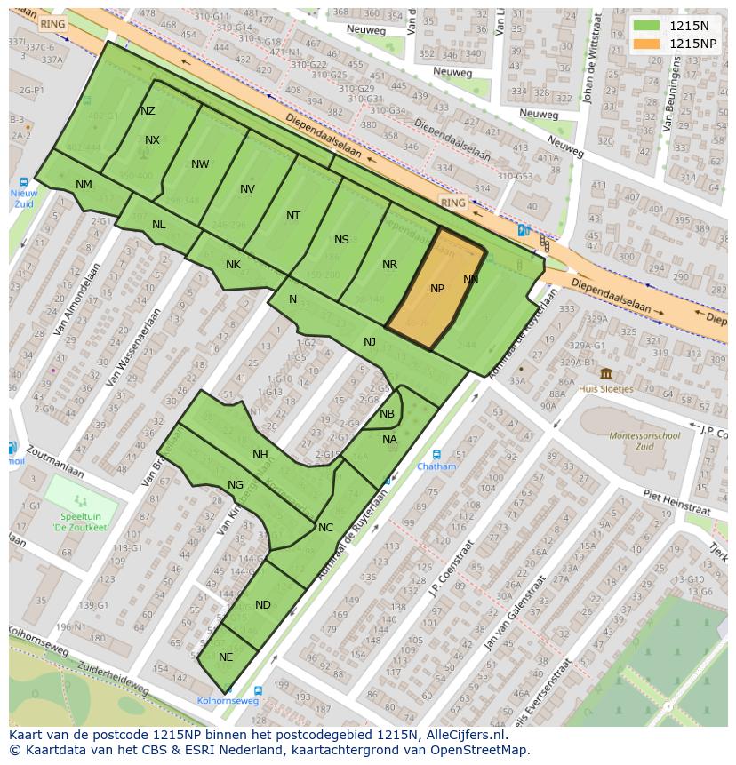 Afbeelding van het postcodegebied 1215 NP op de kaart.