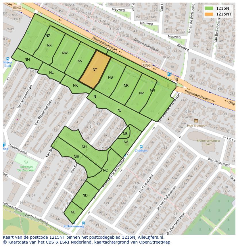 Afbeelding van het postcodegebied 1215 NT op de kaart.