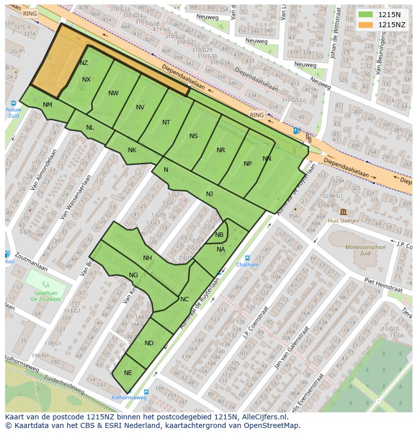 Afbeelding van het postcodegebied 1215 NZ op de kaart.