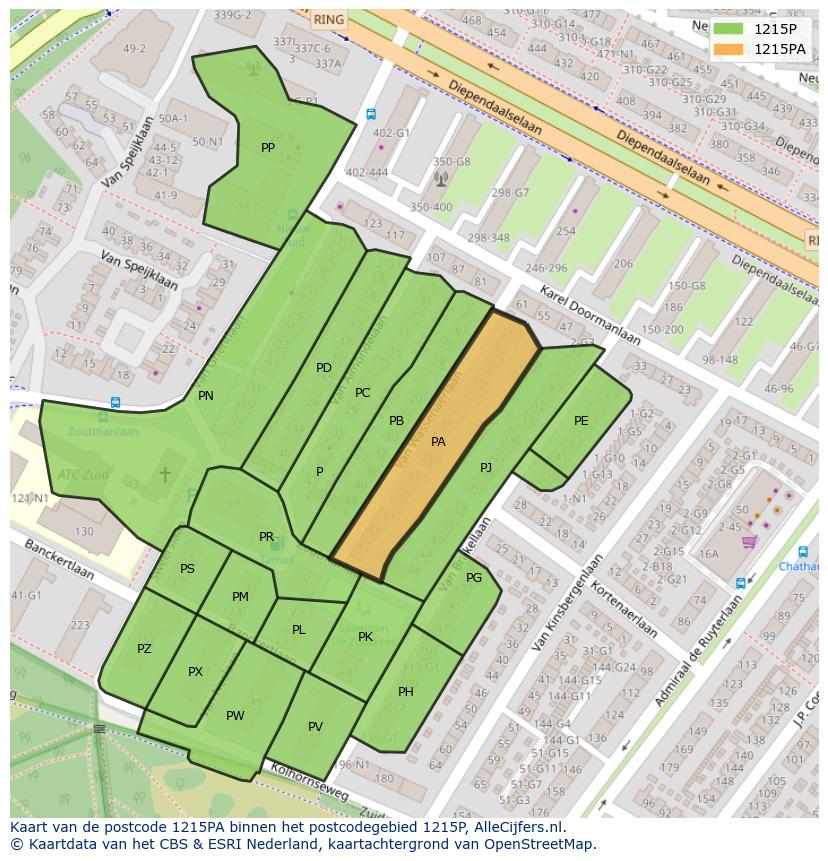 Afbeelding van het postcodegebied 1215 PA op de kaart.