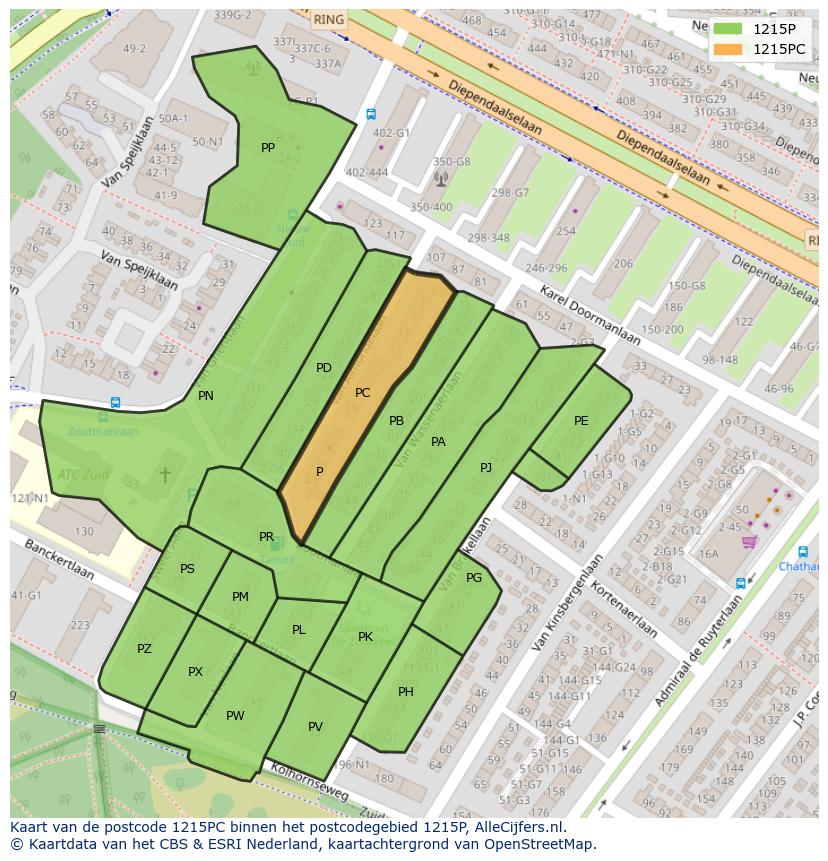 Afbeelding van het postcodegebied 1215 PC op de kaart.