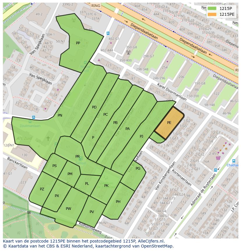 Afbeelding van het postcodegebied 1215 PE op de kaart.