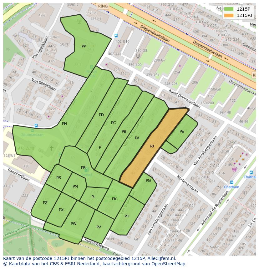 Afbeelding van het postcodegebied 1215 PJ op de kaart.