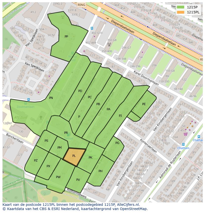 Afbeelding van het postcodegebied 1215 PL op de kaart.