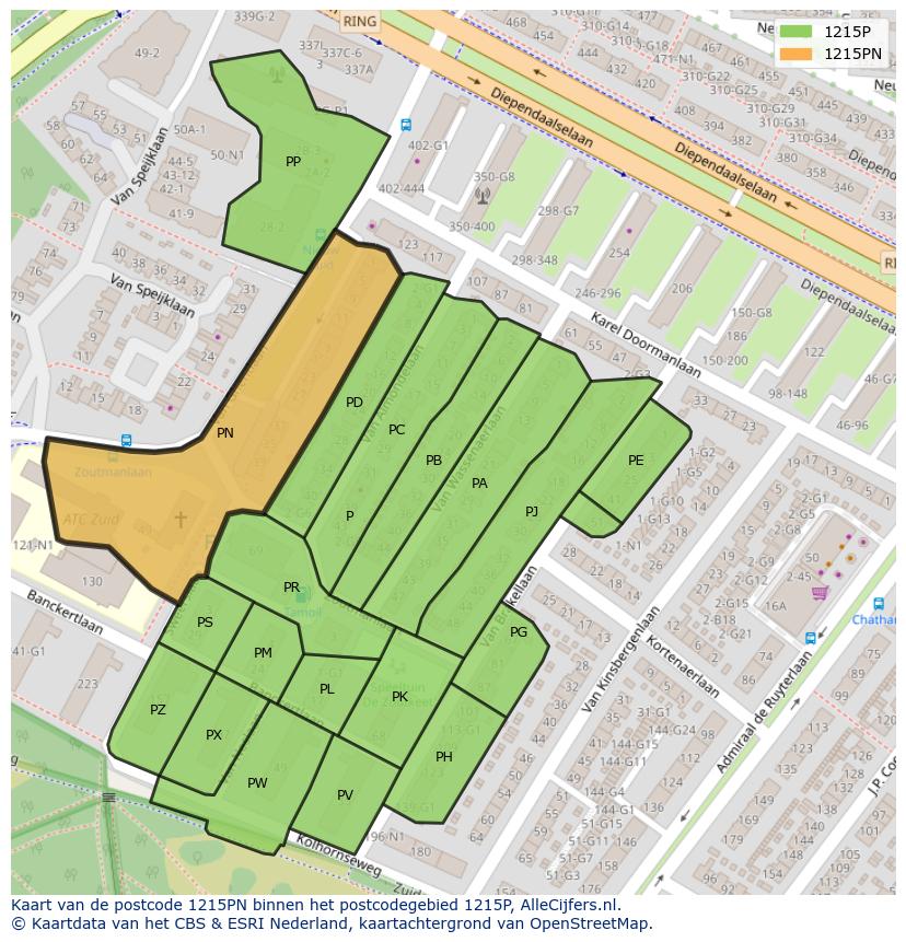 Afbeelding van het postcodegebied 1215 PN op de kaart.