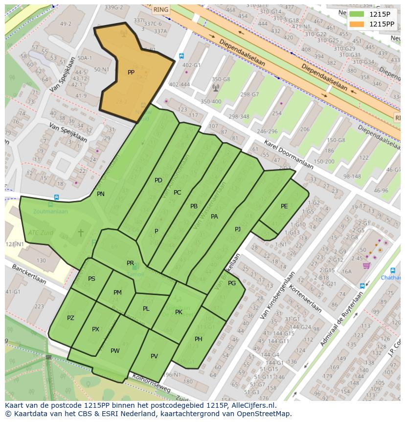Afbeelding van het postcodegebied 1215 PP op de kaart.