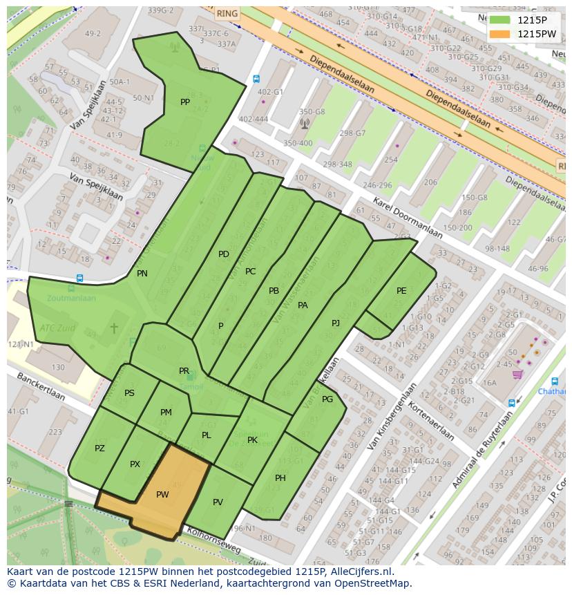 Afbeelding van het postcodegebied 1215 PW op de kaart.