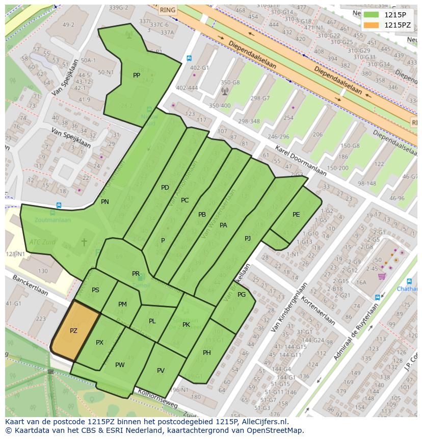 Afbeelding van het postcodegebied 1215 PZ op de kaart.