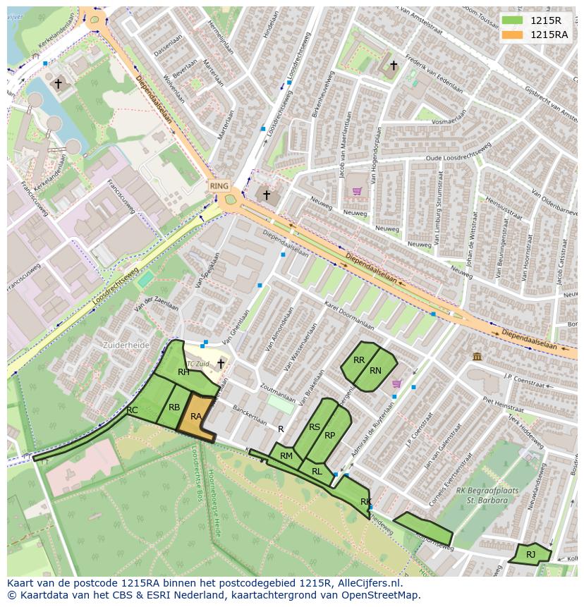 Afbeelding van het postcodegebied 1215 RA op de kaart.