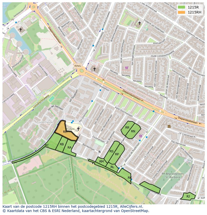 Afbeelding van het postcodegebied 1215 RH op de kaart.
