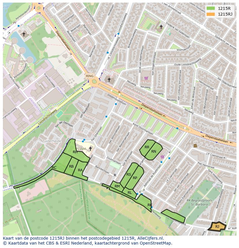 Afbeelding van het postcodegebied 1215 RJ op de kaart.